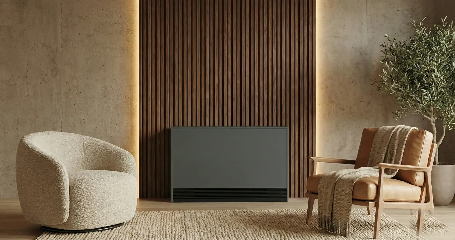Radiateur à accumulation ACEC anthracite installé dans un salon contemporain aux tasseaux de bois