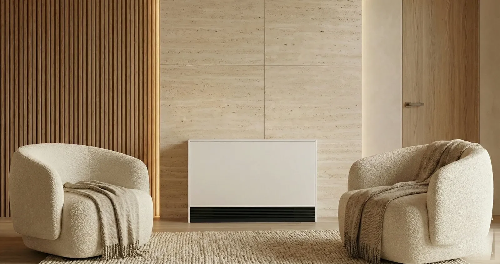 Radiateur à accumulation ACEC blanc dans un salon en travertin