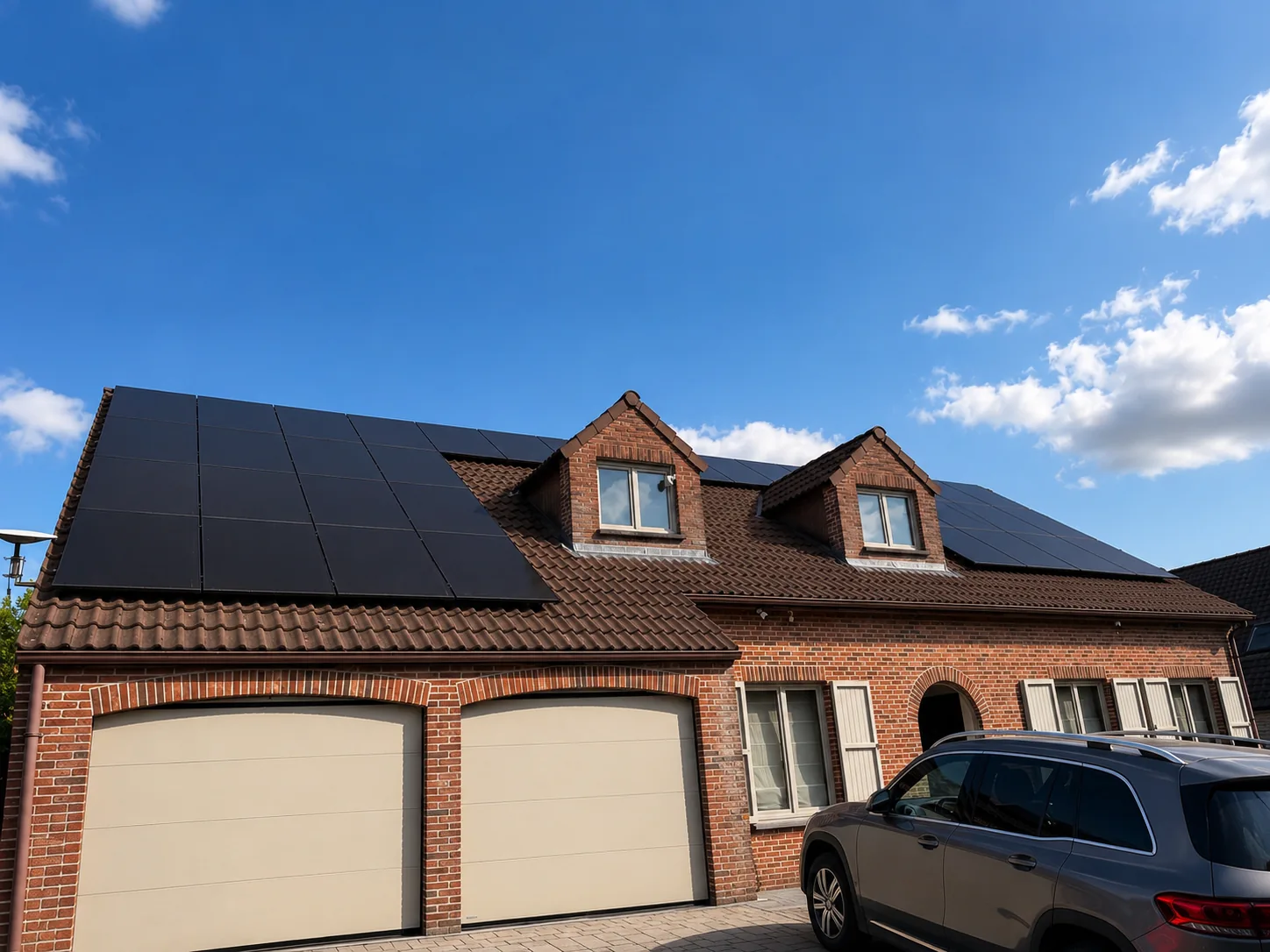 Maison 4 façades avec panneaux solaires full black installés par ECOCONCEPT autour des lucarnes